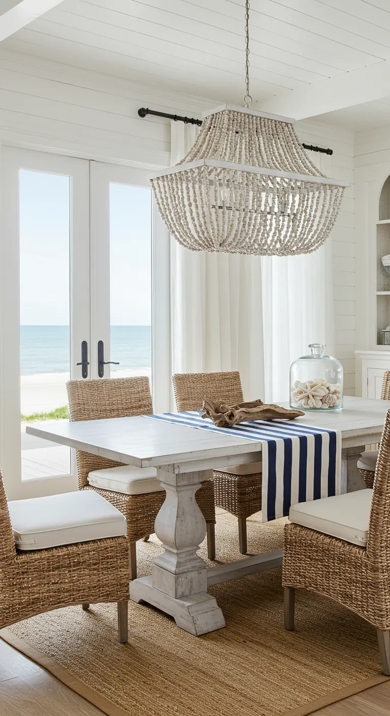 Comedor costero con mesa blanca, camino de rayas azules y candelabro de cuentas de madera.