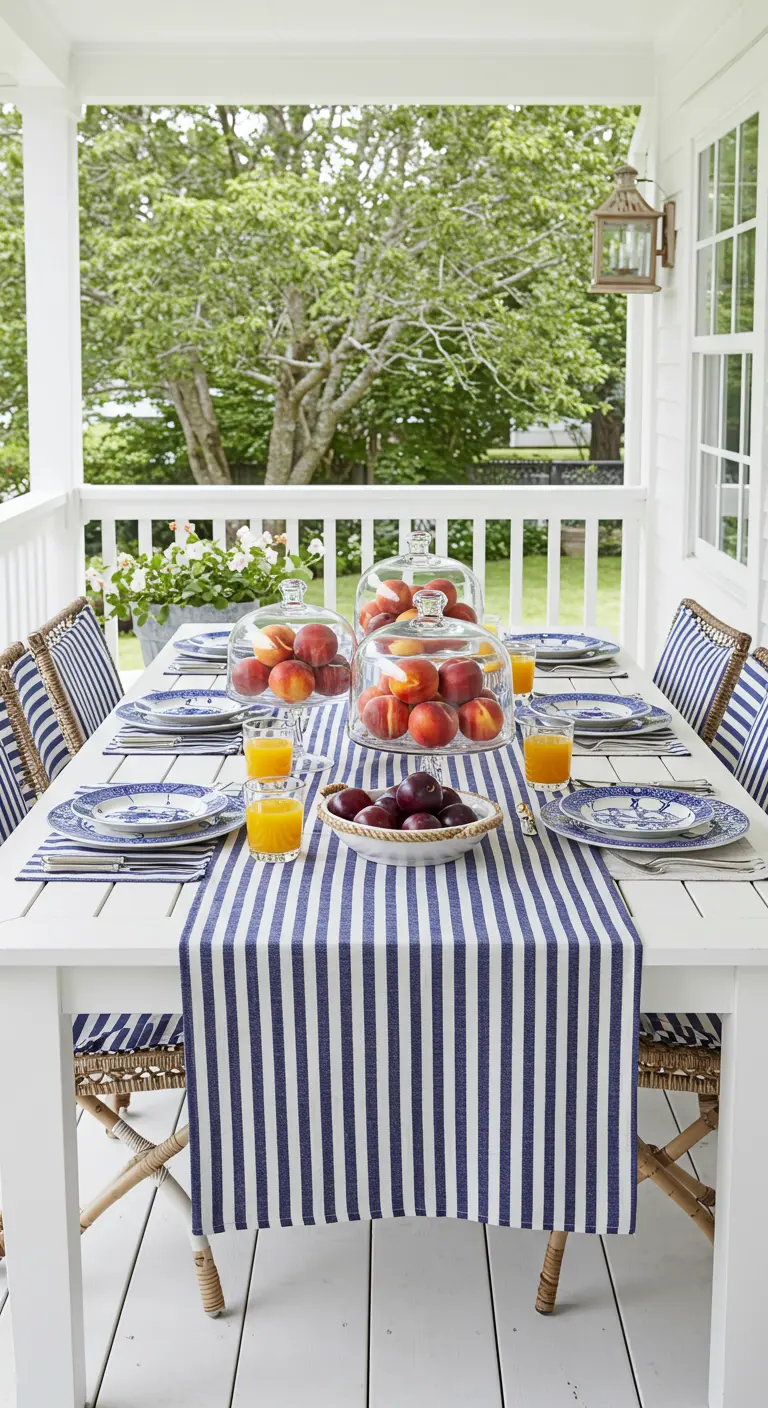 Mesa de porche blanca con un camino de mesa de rayas azules y melocotones bajo campanas de cristal.