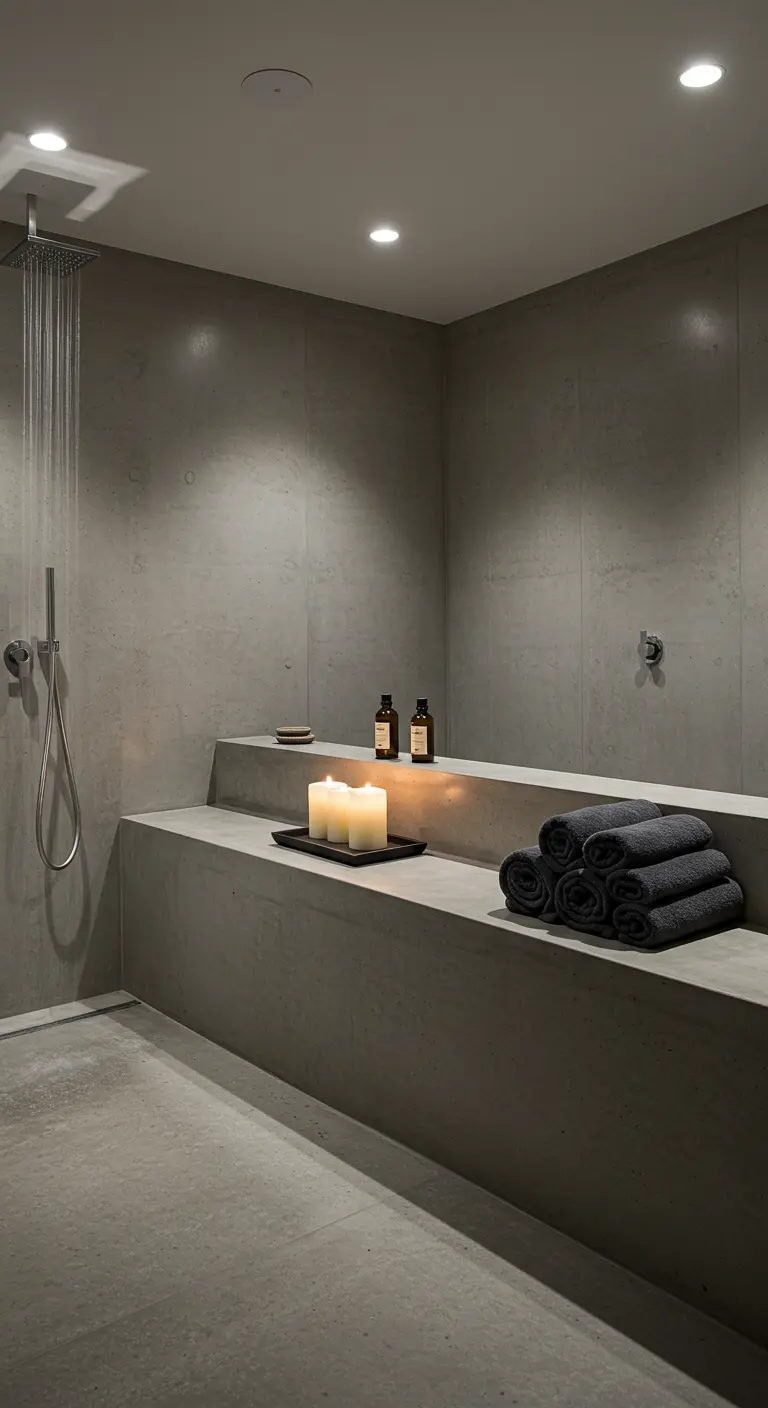 Bancada de hormigón en una ducha con velas sobre una bandeja y toallas negras enrolladas.