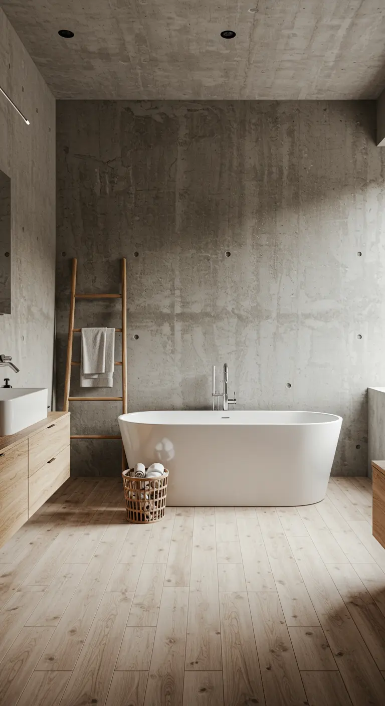 Baño con paredes de hormigón visto, suelo de madera y una escalera como toallero