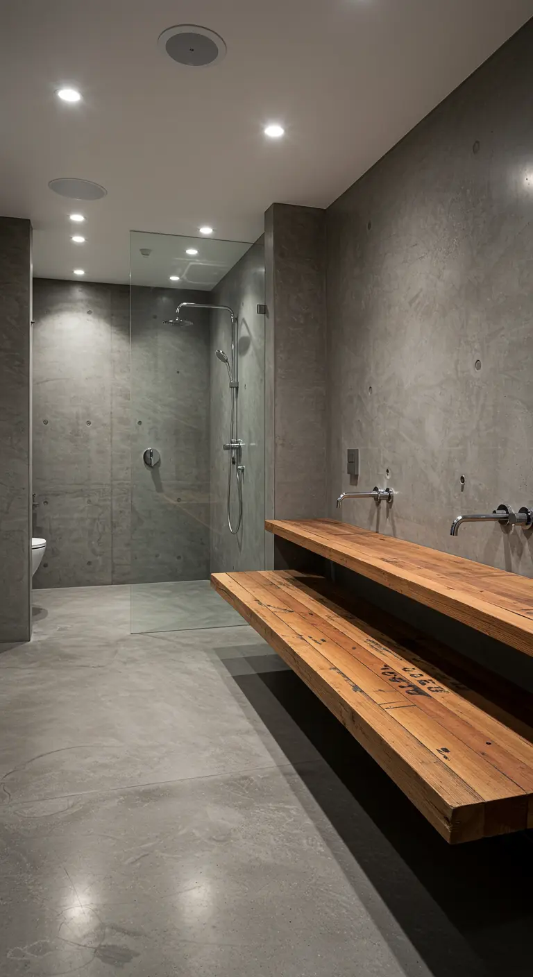 Baño minimalista y moderno con paredes de cemento y bancos flotantes de madera recuperada.