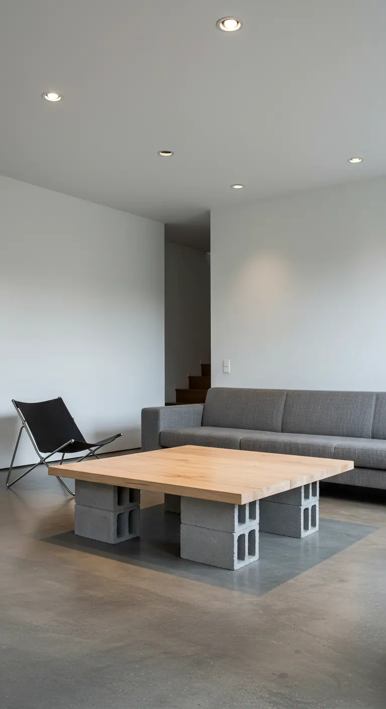 Mesa de centro minimalista con una tabla de madera clara sobre cuatro bloques de hormigón.