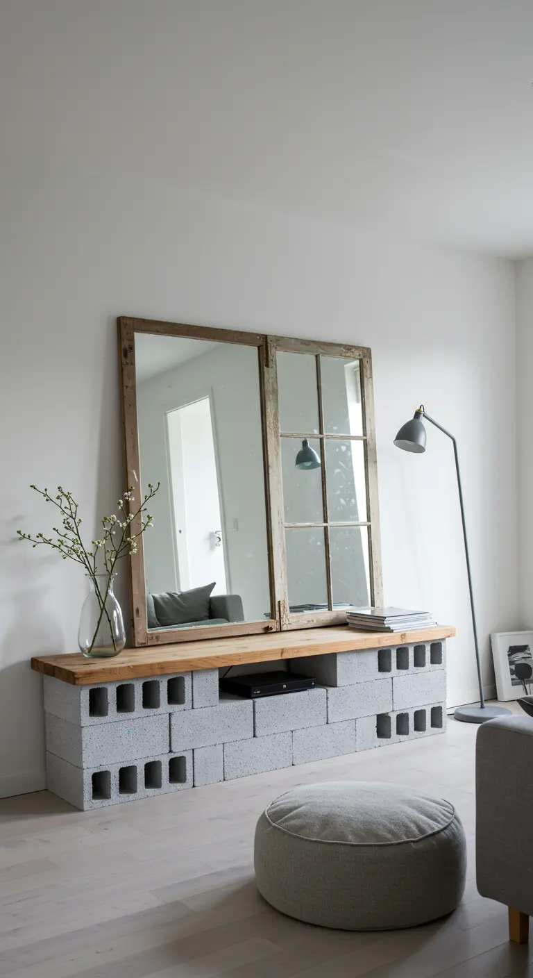 Mueble de TV hecho con bloques de hormigón y una tabla de madera, con una ventana vieja como espejo.