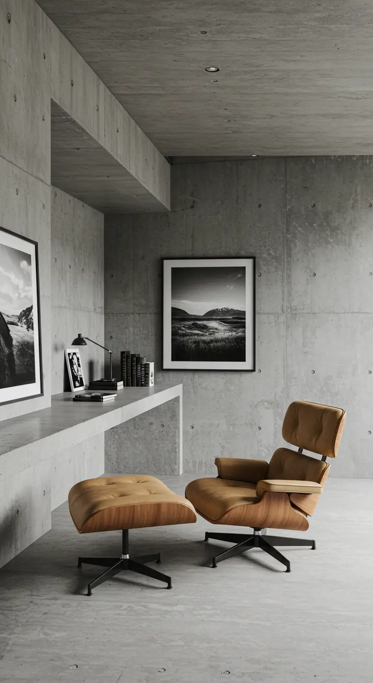 Espacio de trabajo minimalista con paredes de hormigón y una icónica butaca de cuero y madera.