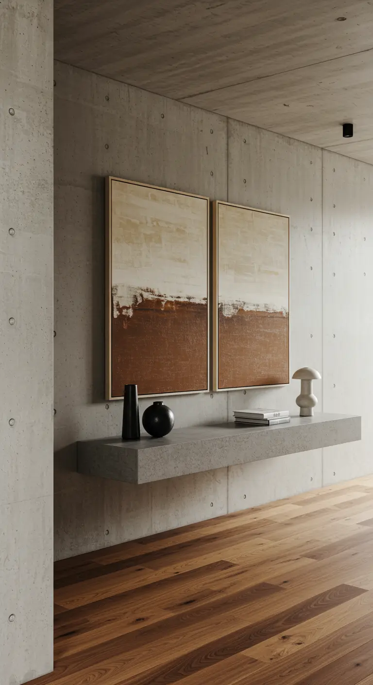 Recibidor con pared de hormigón, balda flotante de hormigón y dos cuadros con textura en tonos tierra.