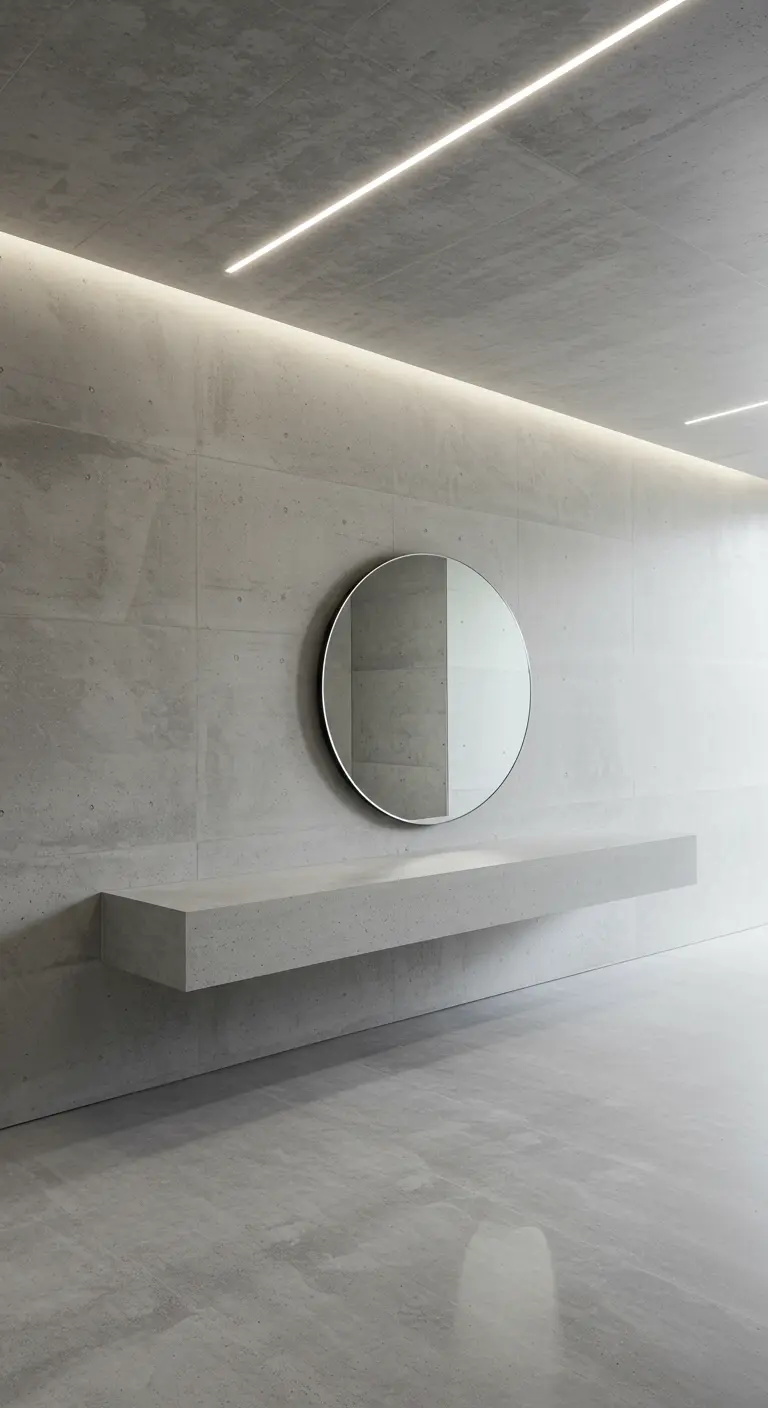 Recibidor minimalista con paredes y consola flotante de hormigón, iluminado con luz indirecta