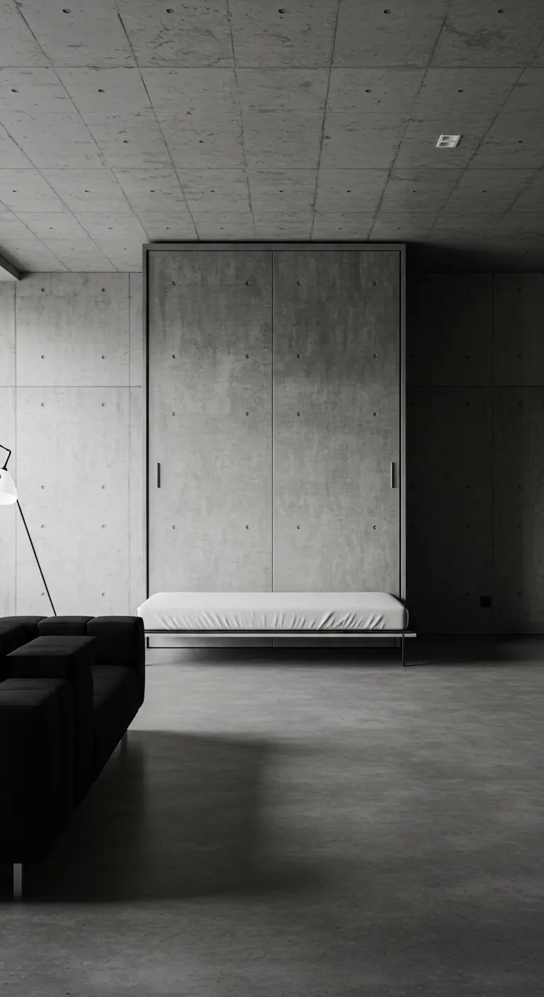 Cama abatible con acabado de cemento en una habitación minimalista de estilo industrial.