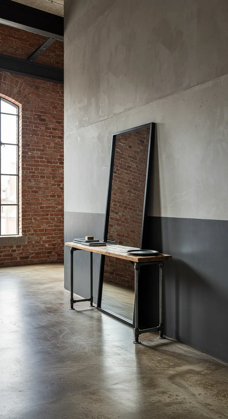 Recibidor de estilo industrial con pared bicolor efecto cemento y pared de ladrillo visto.