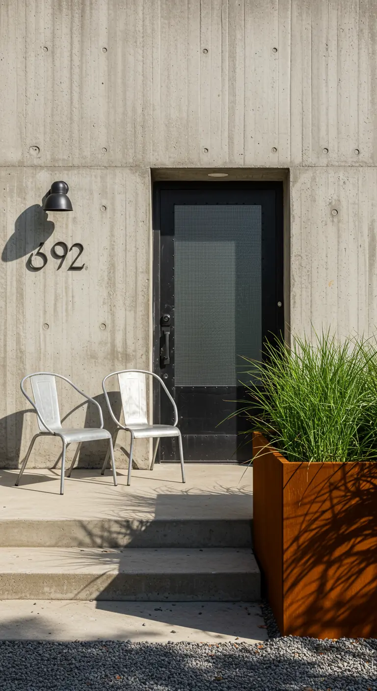 Fachada de hormigón con sillas metálicas plateadas y una gran maceta de acero corten con hierbas altas.