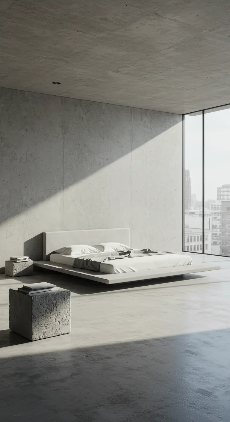 Dormitorio minimalista con paredes y suelo de hormigón y una cama baja blanca
