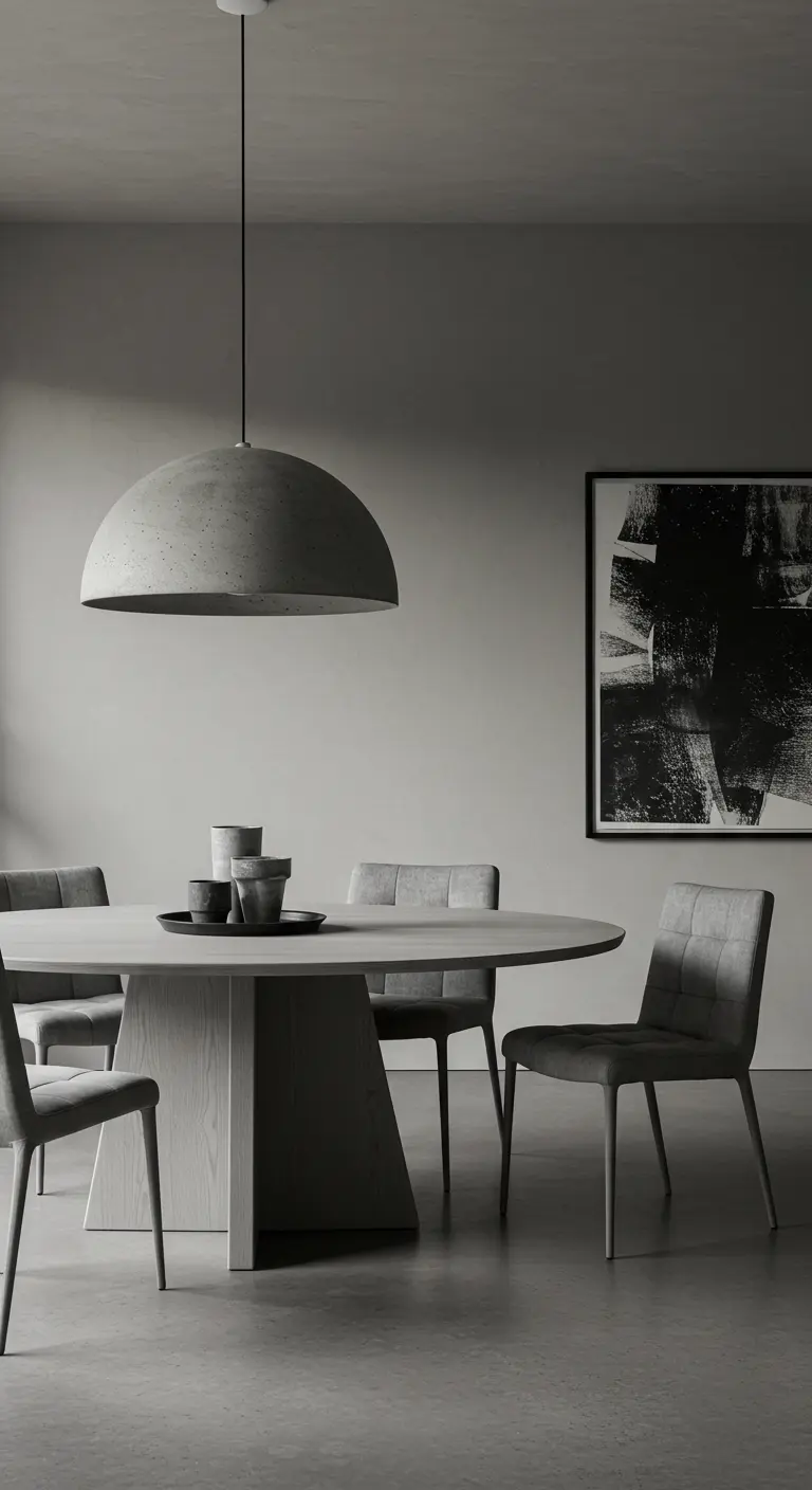 Comedor minimalista y brutalista con mesa y lámpara de hormigón.