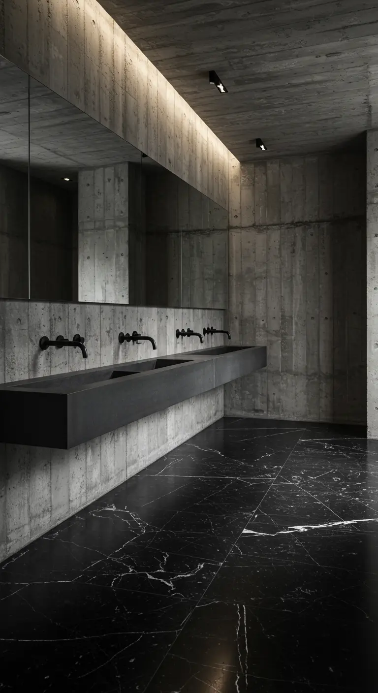 Baño brutalista con paredes de hormigón, suelo de mármol negro y un largo lavabo flotante negro