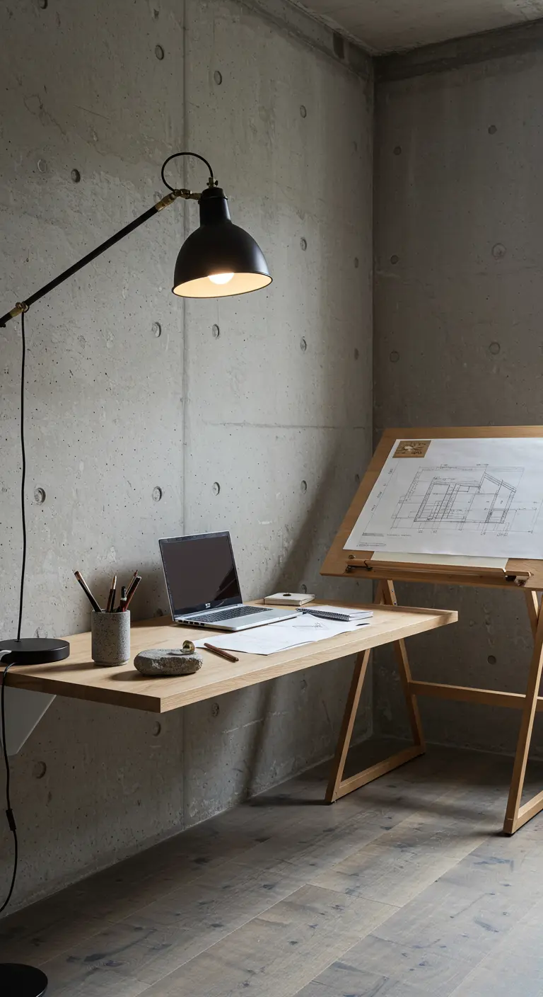 Estudio de diseño con pared de hormigón, escritorio de madera flotante y atril de dibujo