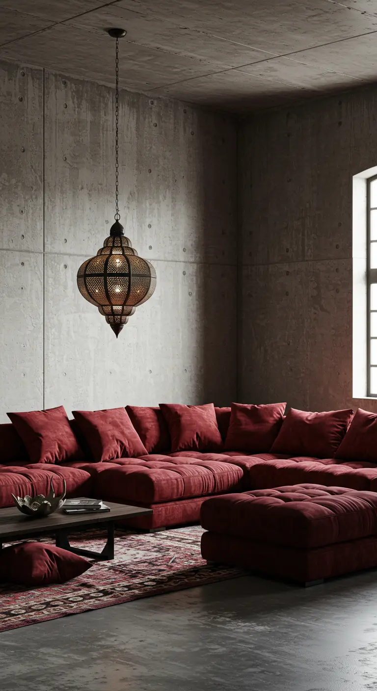 Salón industrial con paredes de hormigón y un gran sofá modular de terciopelo rojo