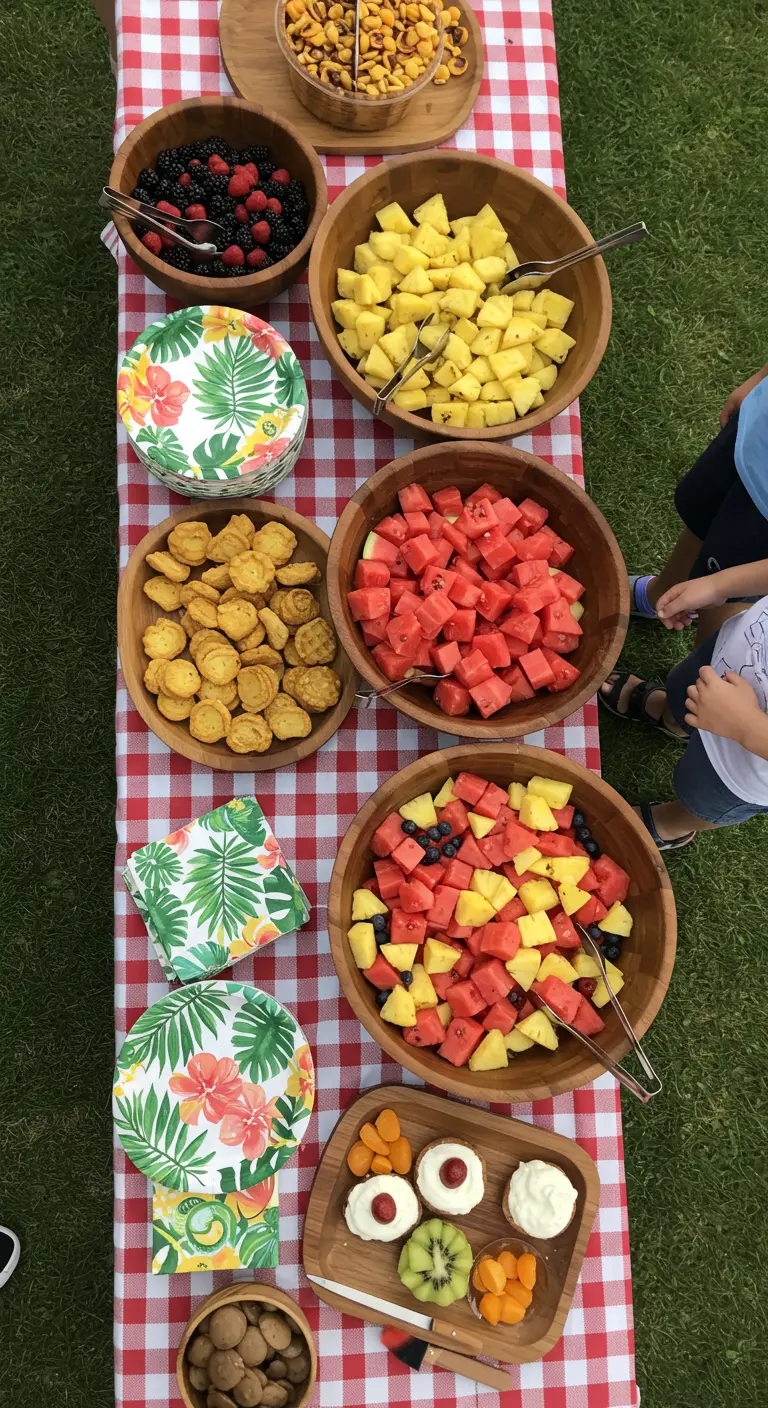 Vista cenital de una mesa de picnic con mantel a cuadros y cuencos de madera con fruta.