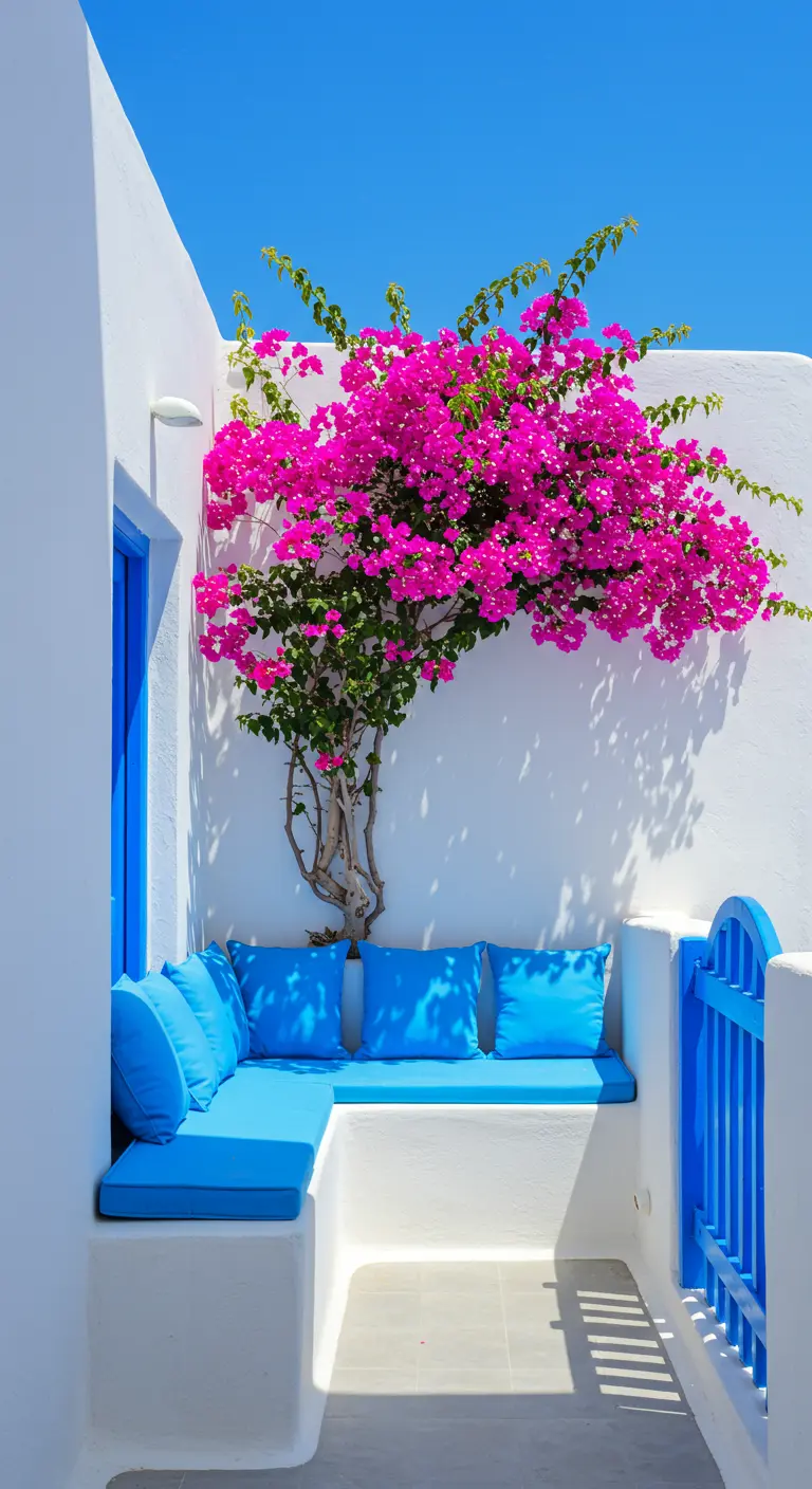 Patio blanco con un banco de obra en L con cojines azules y una espectacular buganvilla fucsia.