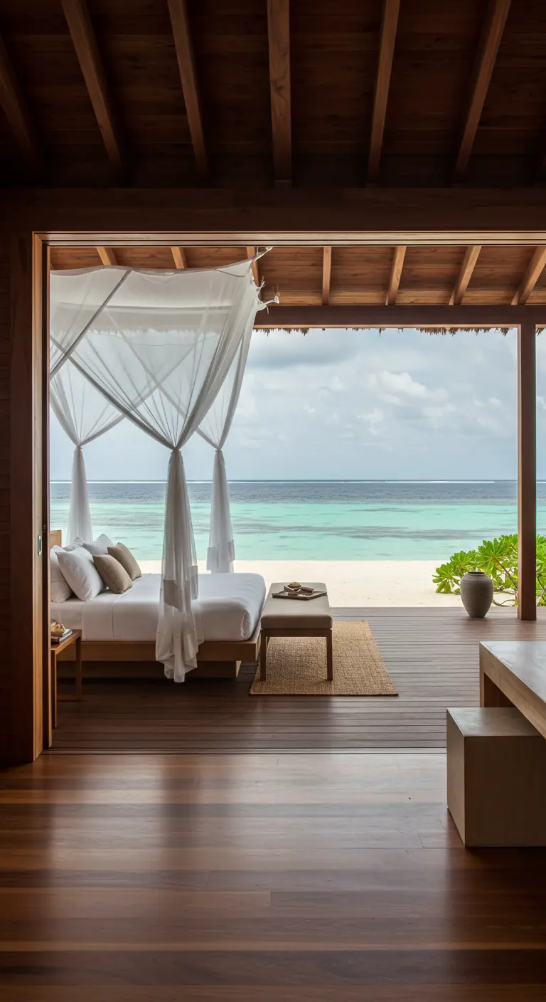 Dormitorio en un bungalow de madera abierto a una playa de arena blanca y mar turquesa.