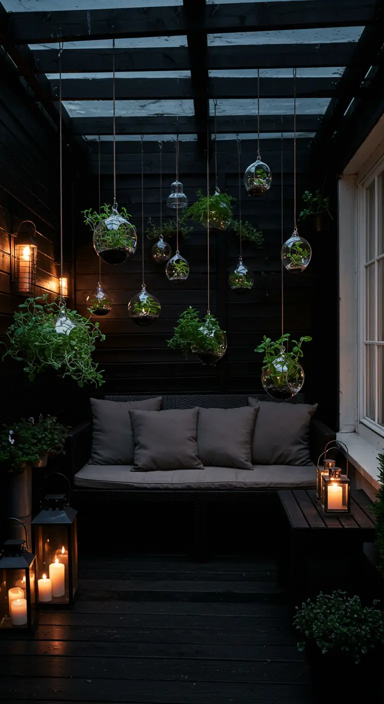 Plantas en terrarios de cristal colgantes iluminados con velas en un porche oscuro.