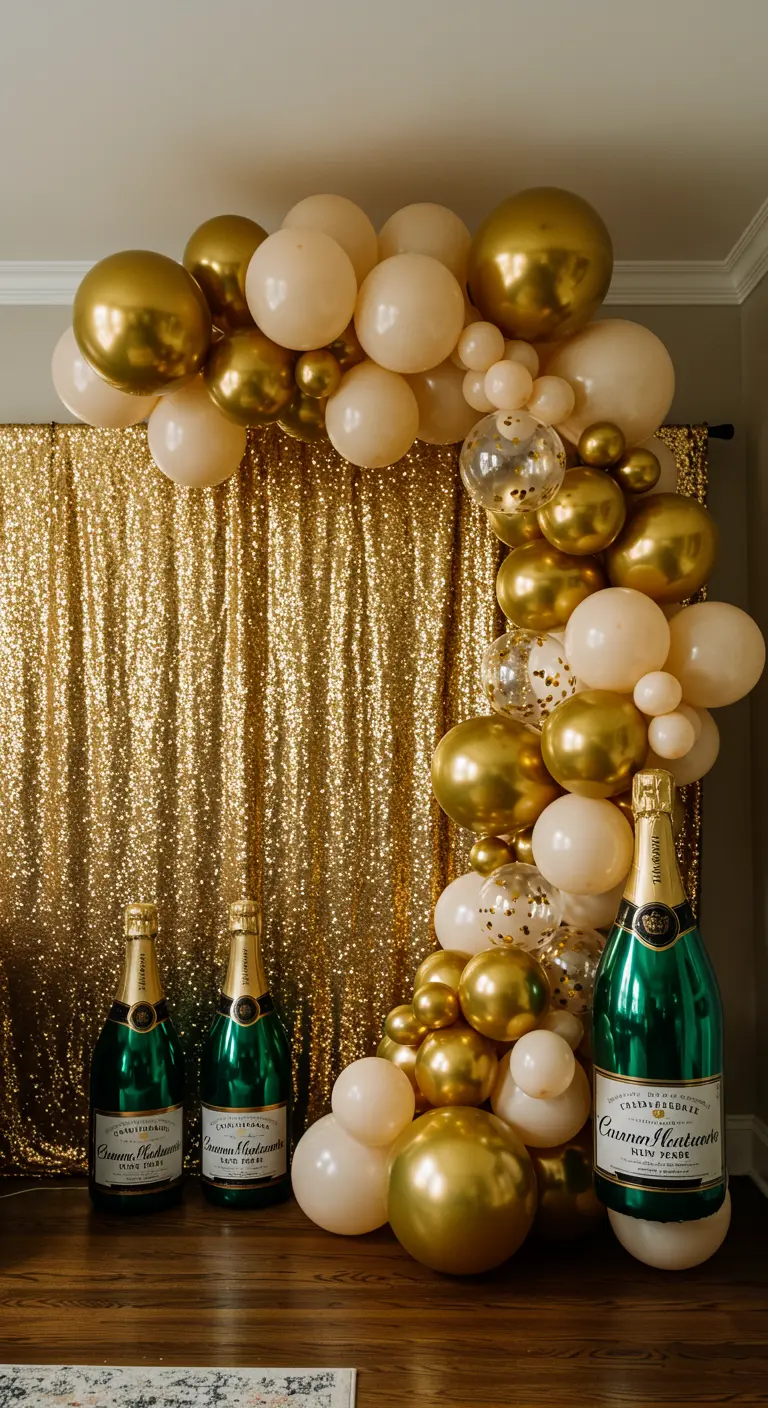 Arco de globos dorados y crema sobre fondo de lentejuelas doradas con botellas de champán.