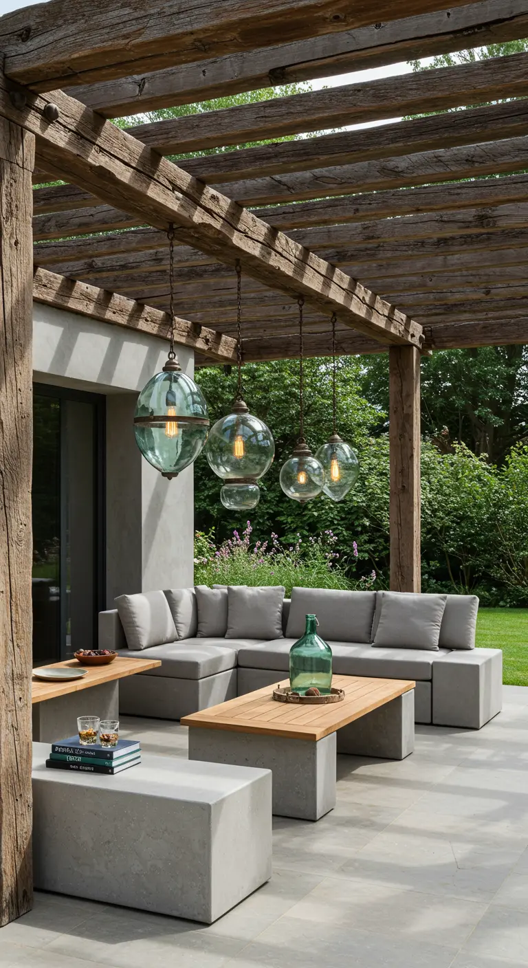 Patio moderno con muebles de cemento, pérgola de madera y lámparas de globo de vidrio
