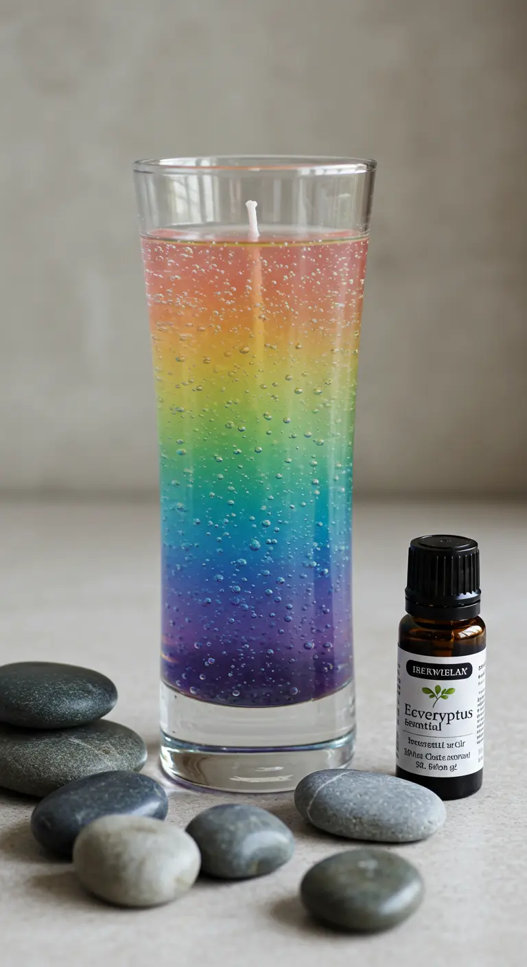Vela alta de cera de gel con capas de colores del arcoíris y burbujas, junto a un aceite esencial.