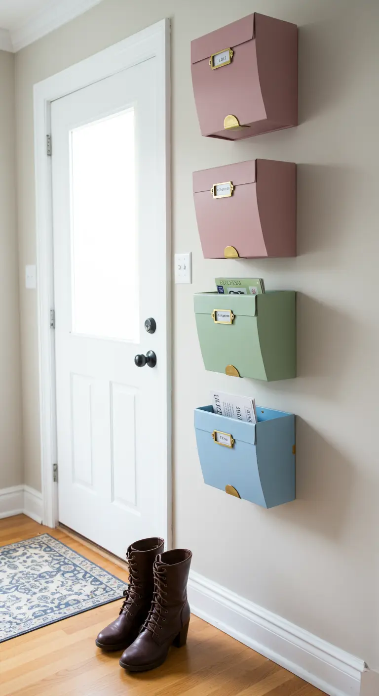 Cuatro cajas de zapatos pintadas en colores pastel y montadas en la pared como buzones o clasificadores.