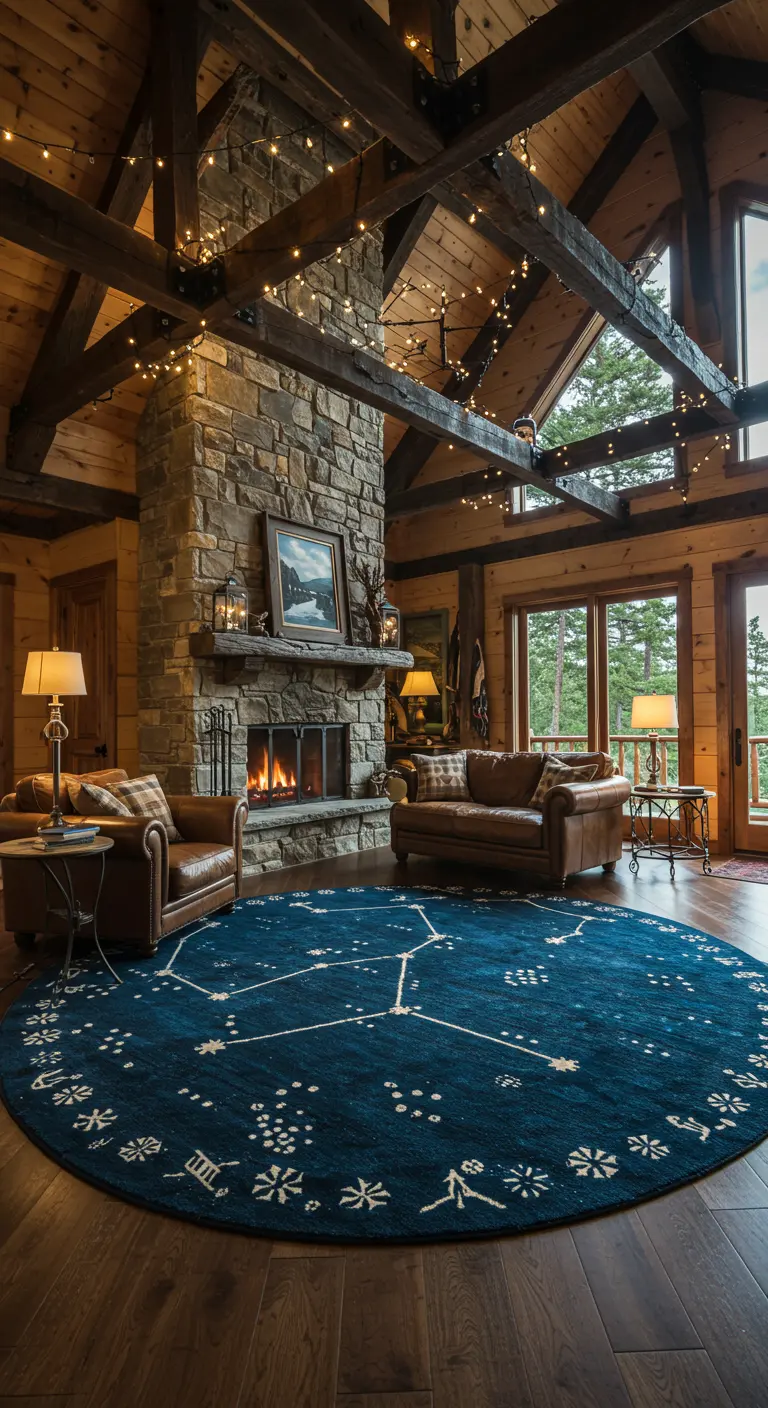 Interior de cabaña rústica con alfombra de constelaciones y luces de hadas en las vigas.