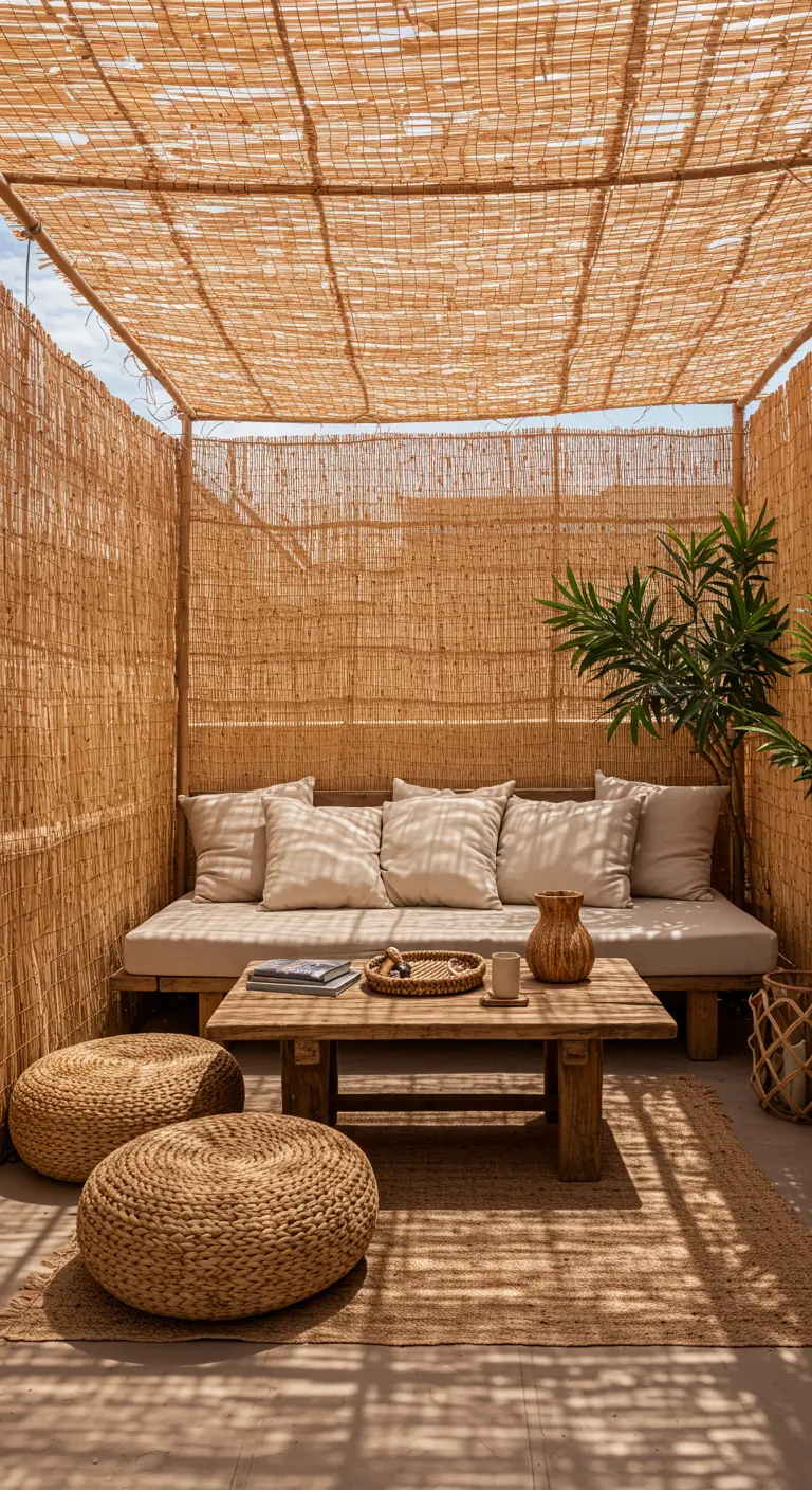 Patio cubierto de bambú con un sofá bajo, pufs de mimbre y una mesa de centro de madera rústica.