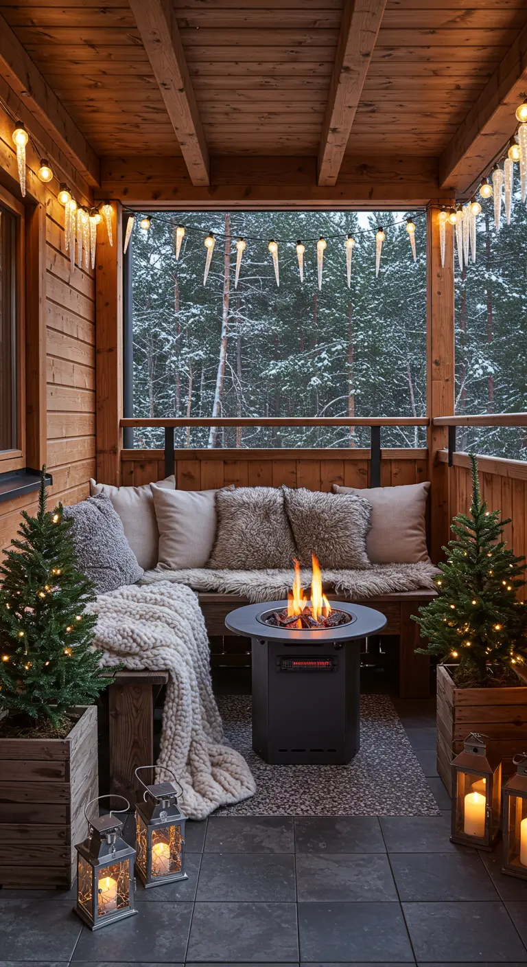 Balcón de madera en invierno con un brasero, mantas de pelo, cojines y luces en forma de carámbanos