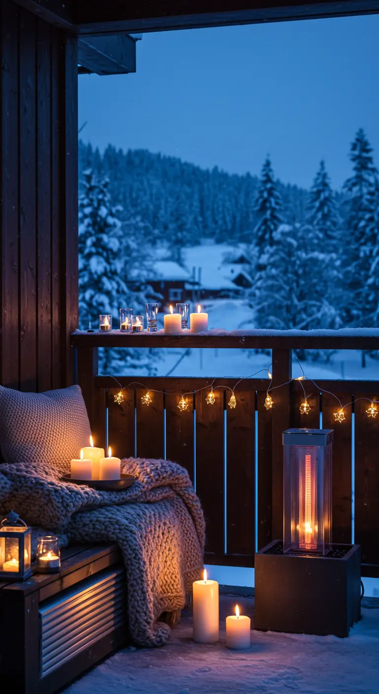Balcón nevado con mantas de lana, muchas velas y una estufa de exterior para crear un ambiente cálido