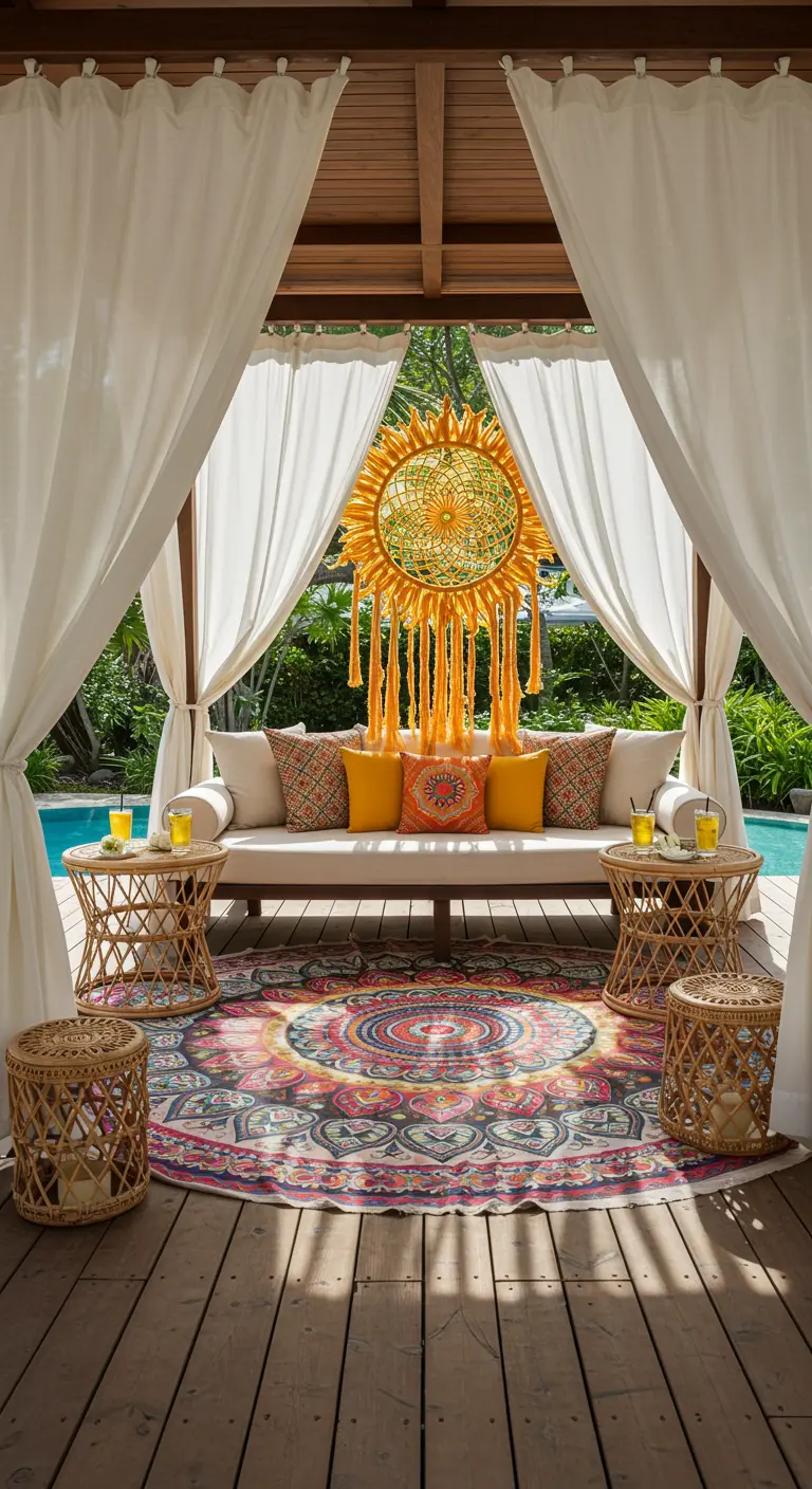 Cabana junto a la piscina con cortinas blancas, una alfombra de mandala y un gran atrapasueños amarillo con forma de sol