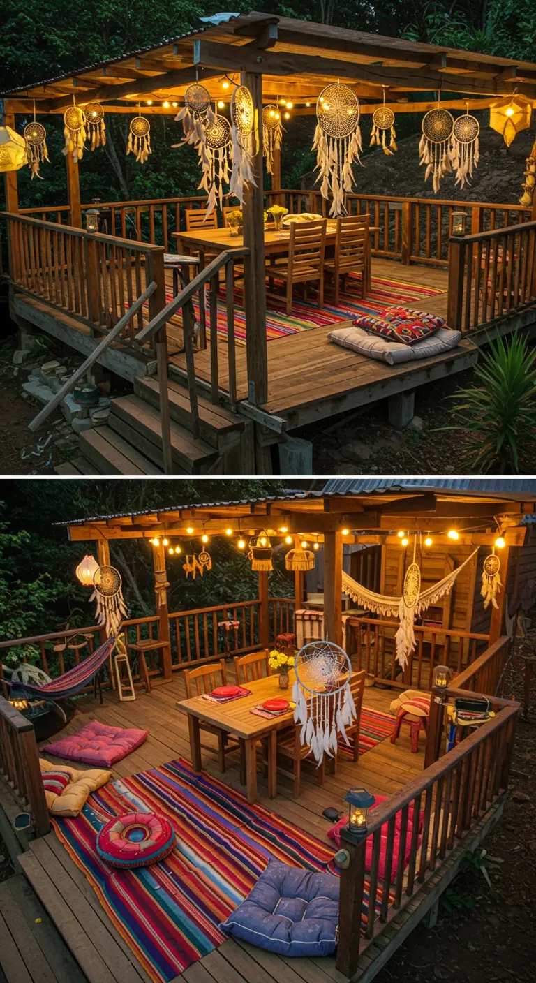 Cabaña de madera al aire libre decorada con múltiples atrapasueños, luces y alfombras de colores
