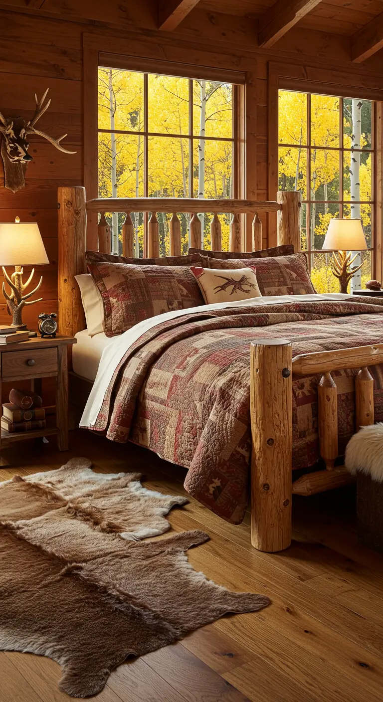 Dormitorio rústico tipo cabaña con cama de troncos, edredón de patchwork y alfombra de piel.