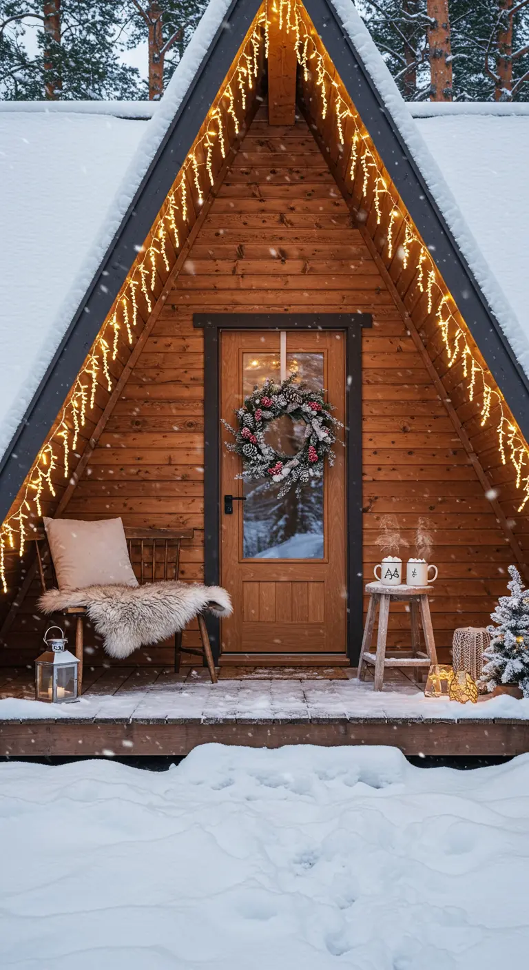Porche de una cabaña en A nevada, decorado con luces, una corona y tazas de chocolate caliente.