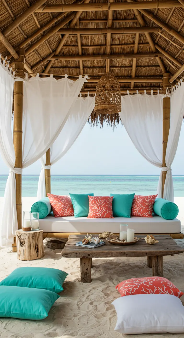Cabana de bambú en la playa con cortinas blancas y cojines en tonos coral y turquesa.