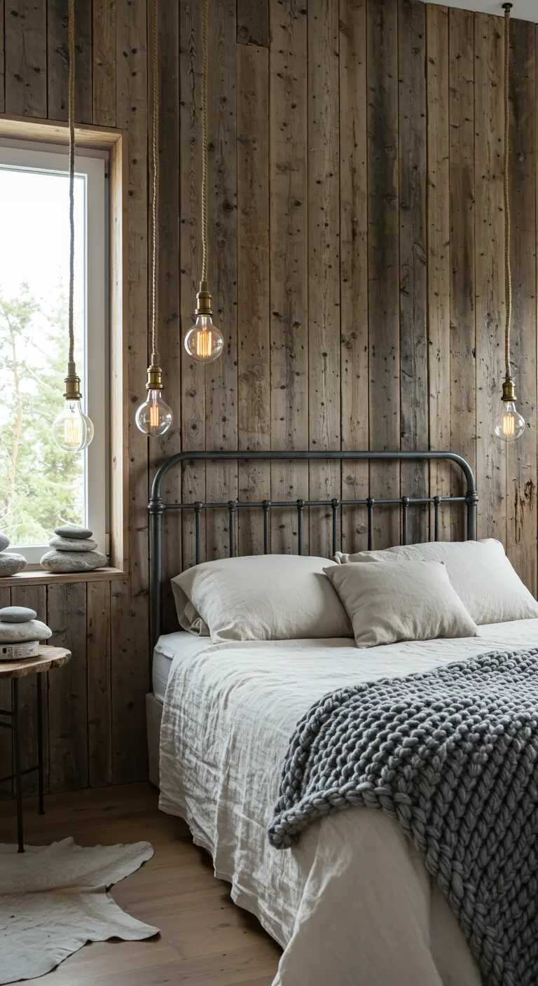 Dormitorio rústico con pared de madera recuperada, cama de metal y lámparas colgantes.