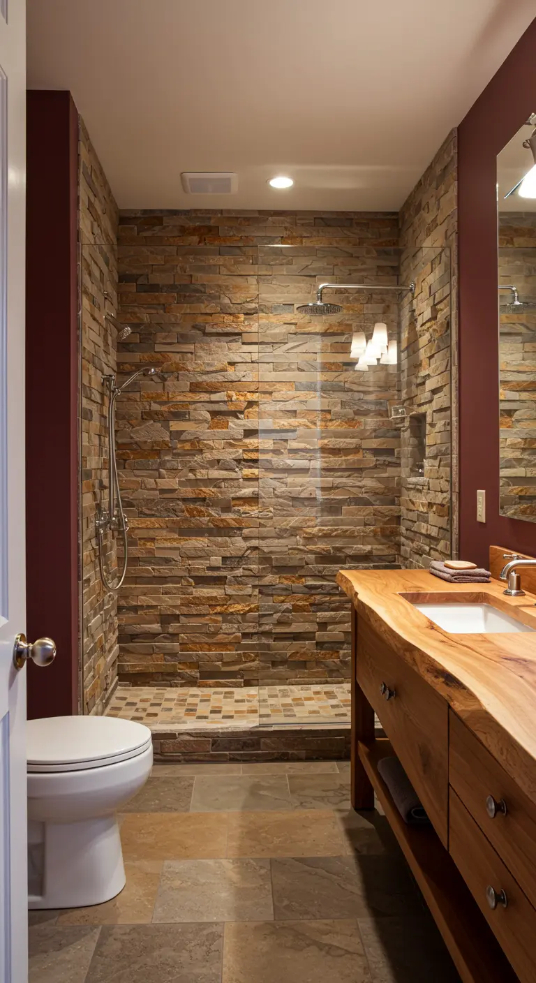 Baño rústico con ducha de piedra, pared color vino y un mueble de madera maciza