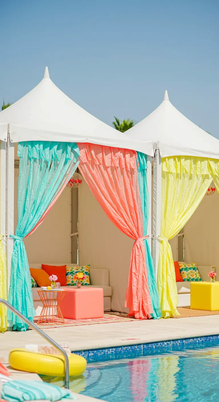 Cabañas blancas junto a una piscina con cortinas hechas de tiras de papel de colores.