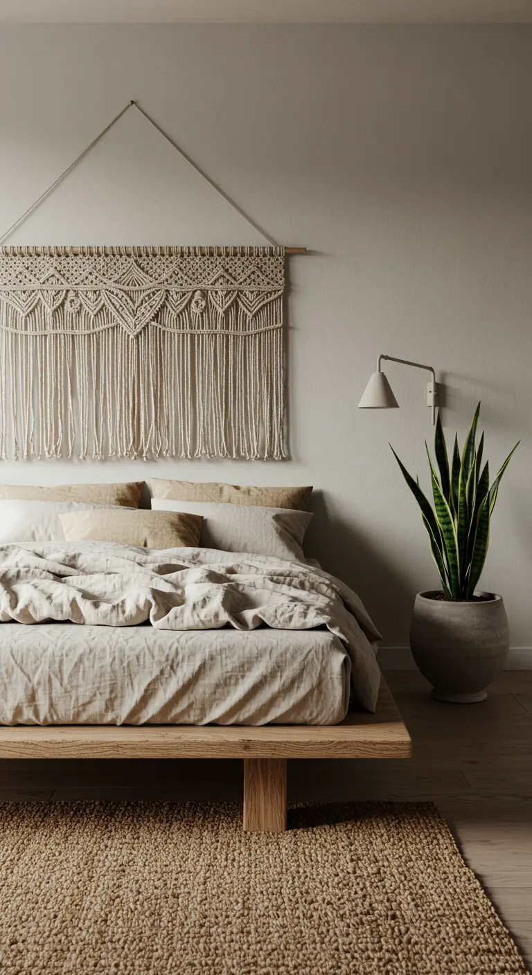 Dormitorio con un gran tapiz de macramé como cabecero sobre una cama de madera baja