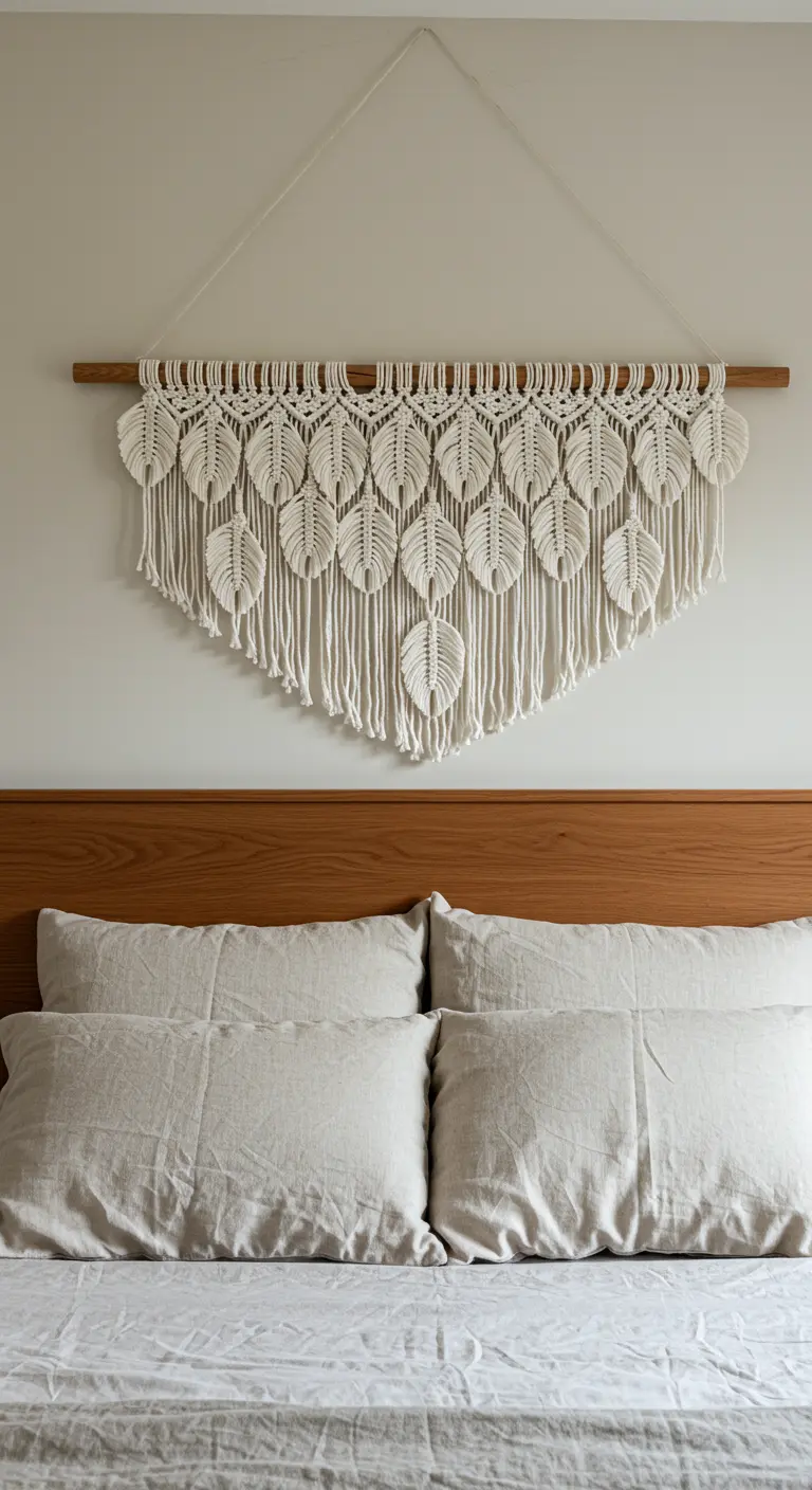Tapiz de macramé blanco con múltiples hojas pequeñas colgado sobre una cama
