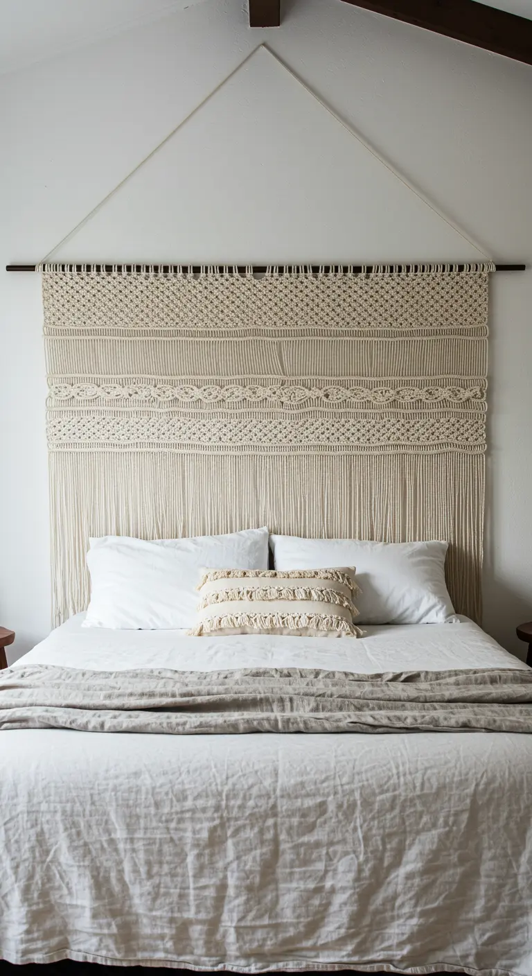 Tapiz de macramé ancho y rectangular usado como cabecero de cama en un dormitorio minimalista.