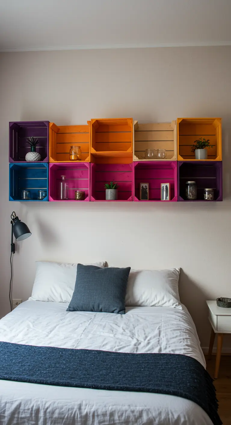 Cabecero de cama hecho con una fila horizontal de cajas de fruta pintadas en colores vivos.