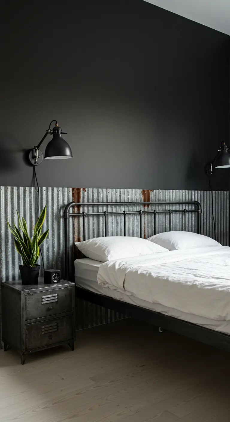 Cama con cabecero de chapa metálica ondulada y pared negra.
