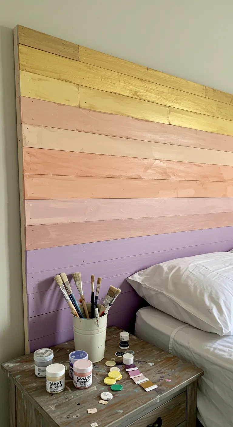 Cabecero de cama hecho con listones de madera pintados en degradado de lila, rosa y dorado.