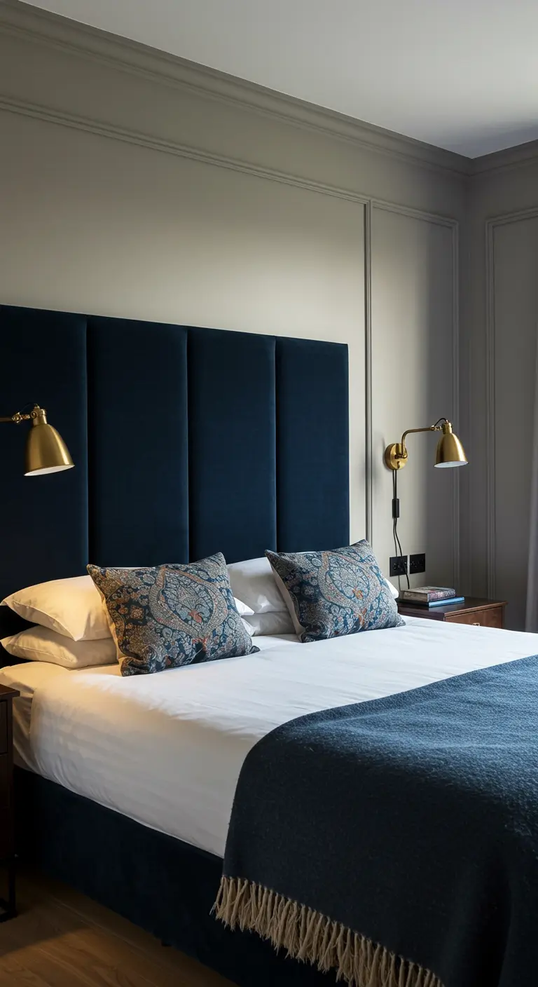 Cabecero tapizado en azul marino con paneles verticales detrás de una cama con ropa de cama blanca.