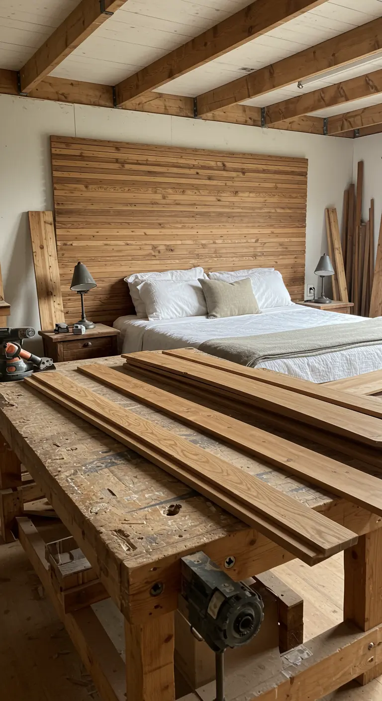 Cabecero de cama DIY hecho con lamas de persiana de madera horizontales