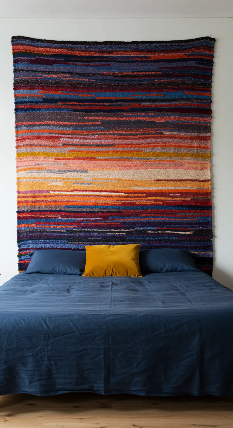 Un gran tapiz tejido con franjas de colores cálidos y fríos usado como cabecero de cama.