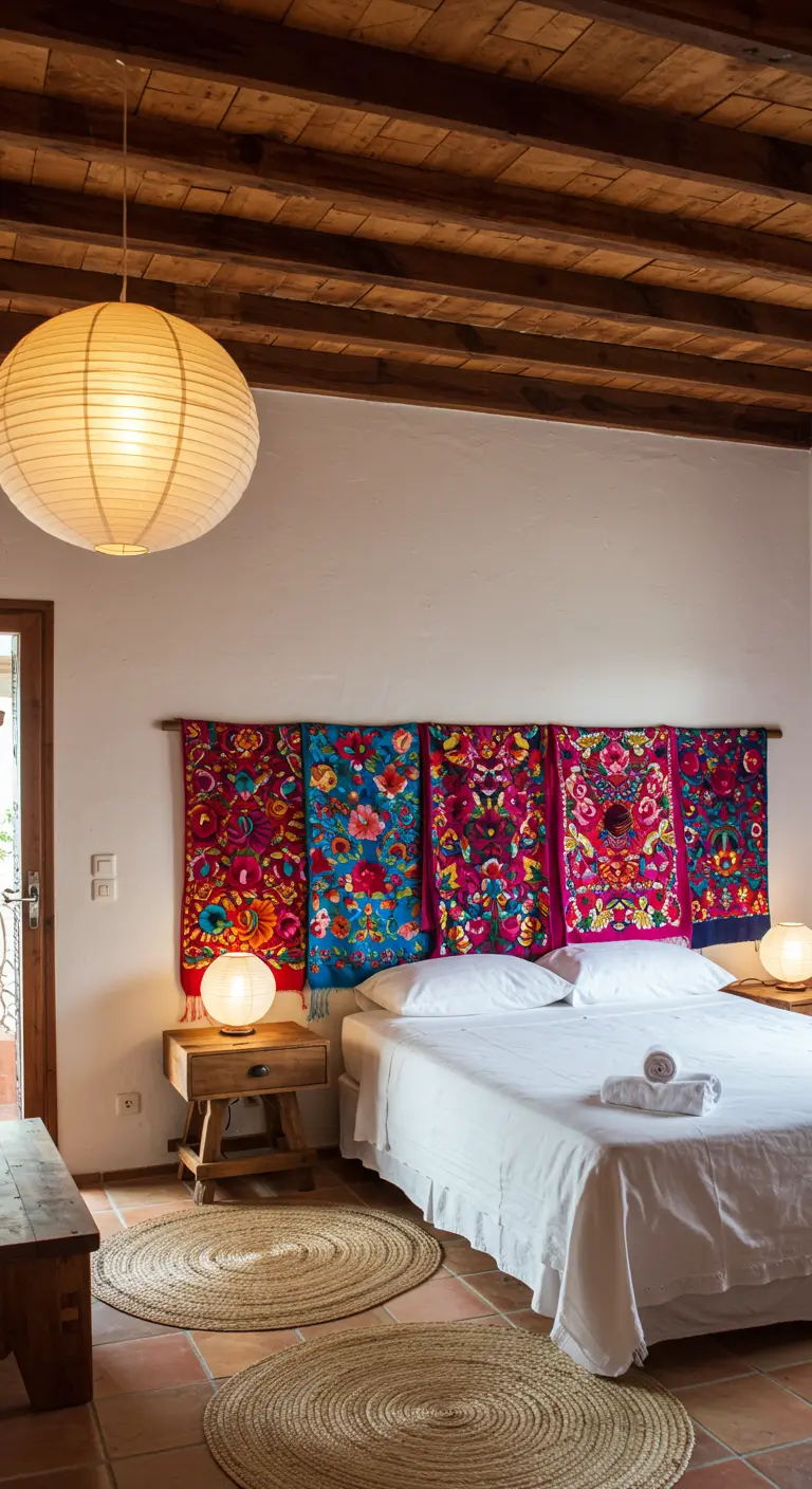 Varios textiles otomí bordados con flores colgados de una barra como cabecero de cama.