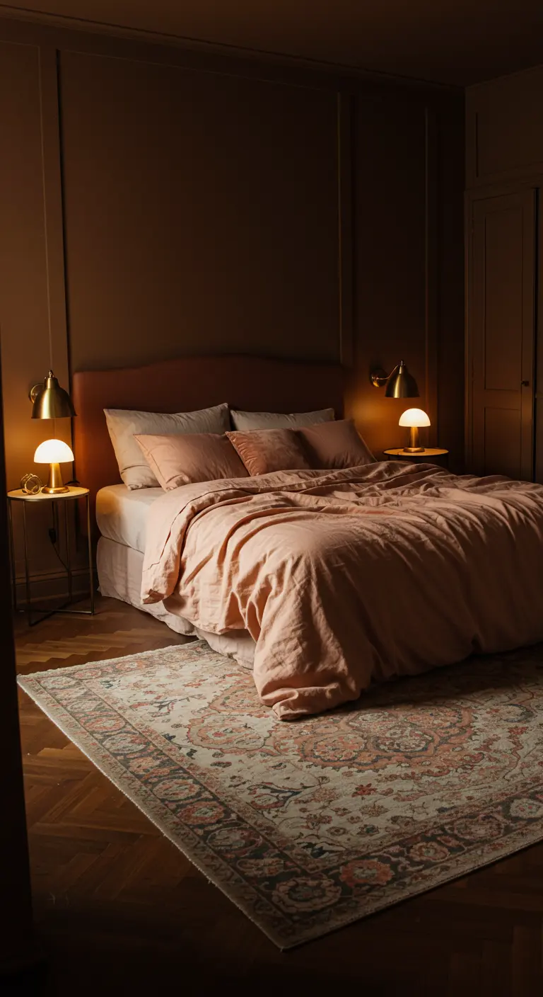 Dormitorio acogedor con paredes color cacao, ropa de cama rosa y lámparas doradas.