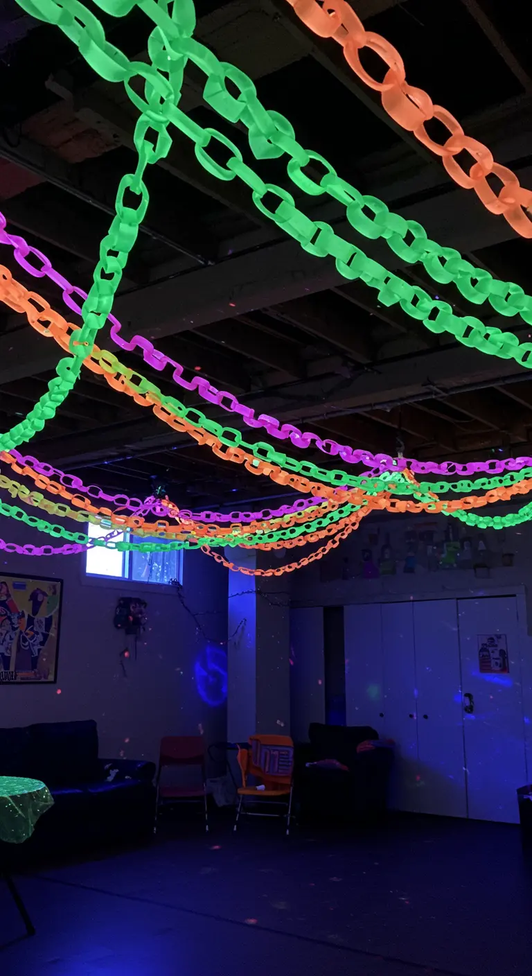 Cadenas de papel en colores neón que brillan bajo luz negra en una fiesta.
